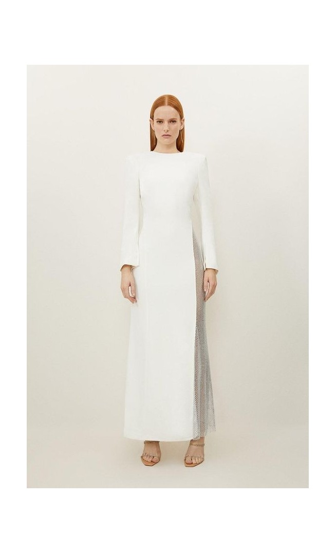Viscose Woven Panelled Crystal Mesh Maxi Dress