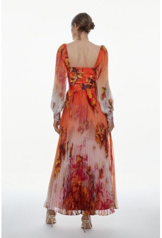 Golden Floral Satin Pleated Woven Maxi Dress