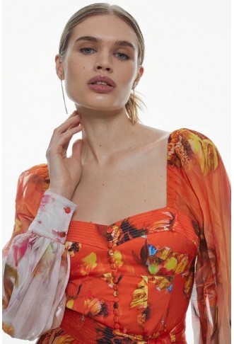 Golden Floral Satin Pleated Woven Maxi Dress