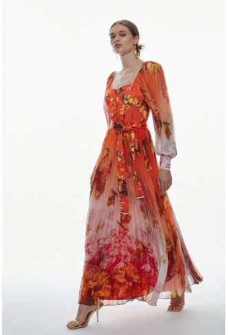 Golden Floral Satin Pleated...