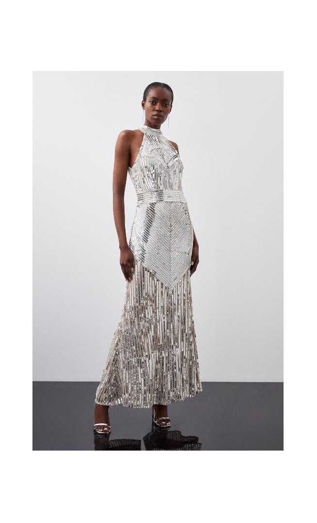 Pearl Embellished Open Back Maxi Dress