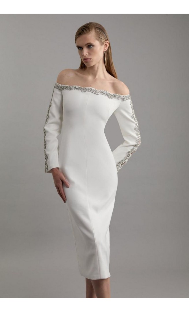 Petite Crystal Embellished Scalloped Bardot Tailored Midaxi Dress