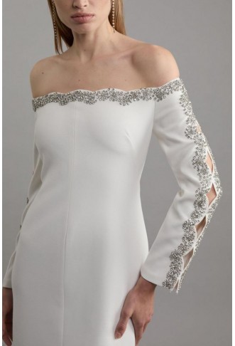 Petite Crystal Embellished Scalloped Bardot Tailored Midaxi Dress