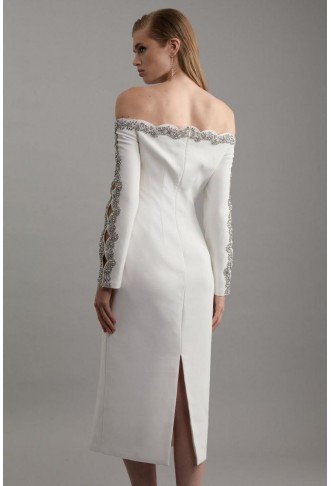 Petite Crystal Embellished Scalloped Bardot Tailored Midaxi Dress