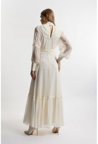 Lydia Millen Pleat Crinkle High Neck Drama Sleeve Woven Midaxi Dress