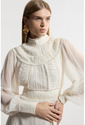 Lydia Millen Pleat Crinkle High Neck Drama Sleeve Woven Midaxi Dress