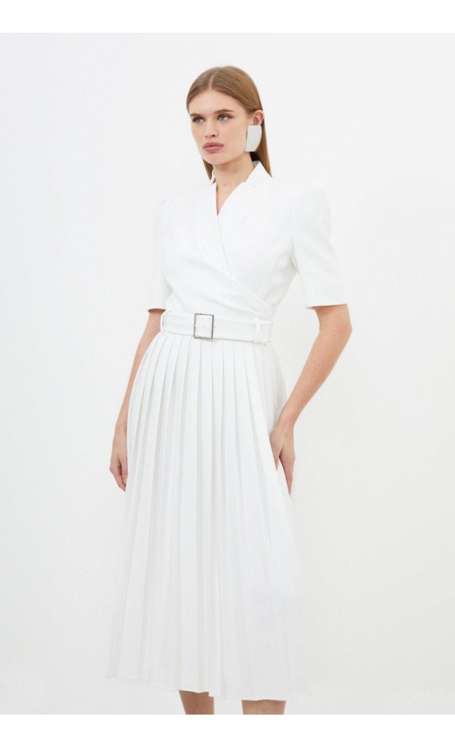 Structured Crepe Notch Neck Wrap Belted Forever Dress