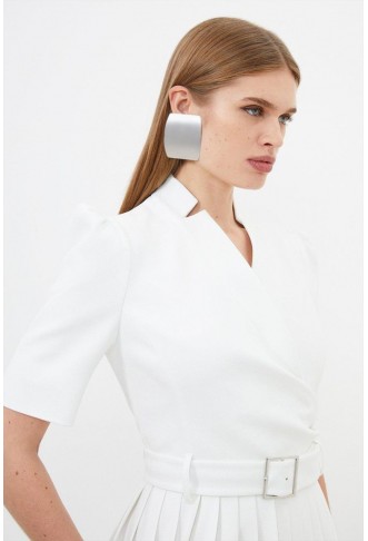 Structured Crepe Notch Neck Wrap Belted Forever Dress