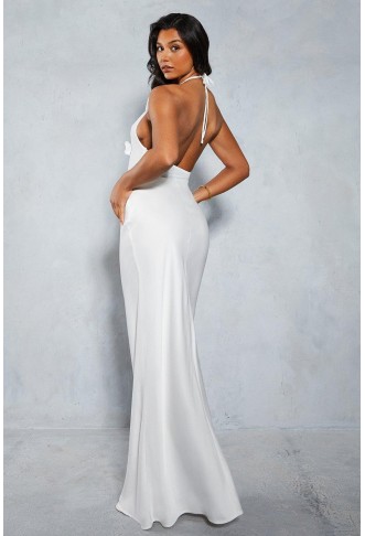 Sheer Mesh Floral Applique Satin Skirt Maxi Dress