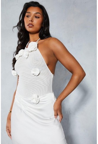 Sheer Mesh Floral Applique Satin Skirt Maxi Dress
