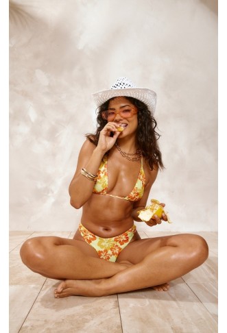 Orange Hawaiian Print Triangle Bikini Set