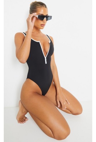 Black Contrast Zip Front Scuba Swimsuit