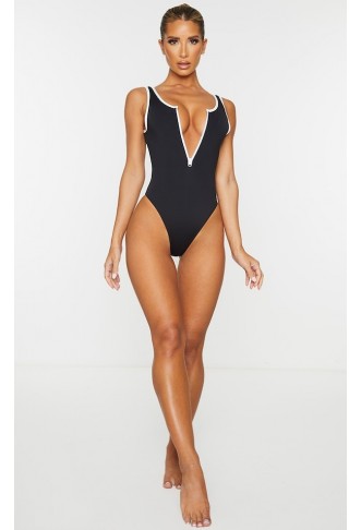Black Contrast Zip Front...
