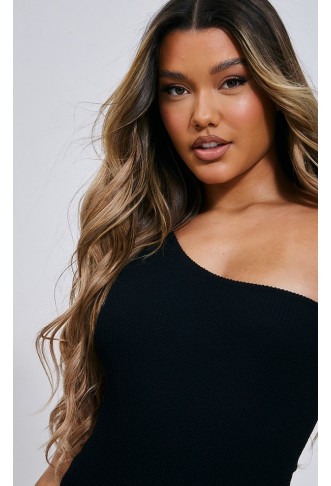 Black Crinkle One Shoulder Swimsuit