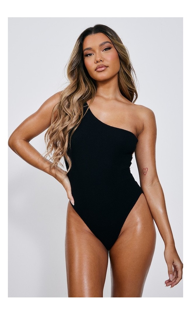 Black Crinkle One Shoulder Swimsuit