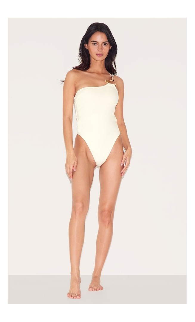 Sand Gold Trim Asymmetric Swimsuit