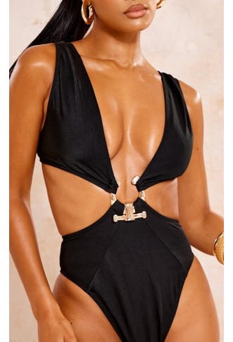 Black Hammered Trim Deep Plunge Cut Out Swimsuit