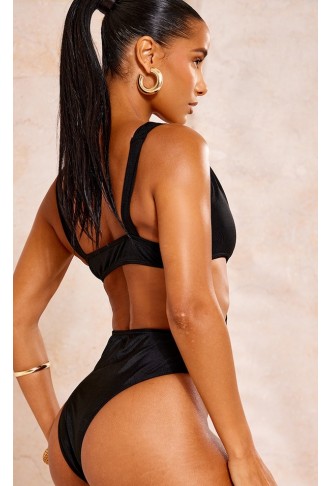 Black Hammered Trim Deep Plunge Cut Out Swimsuit