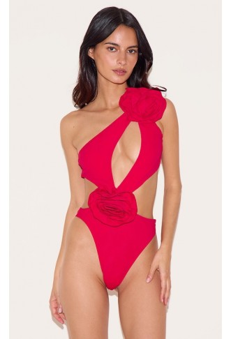 Red Flower Detail Cut Out Asymmetric Swimsuit