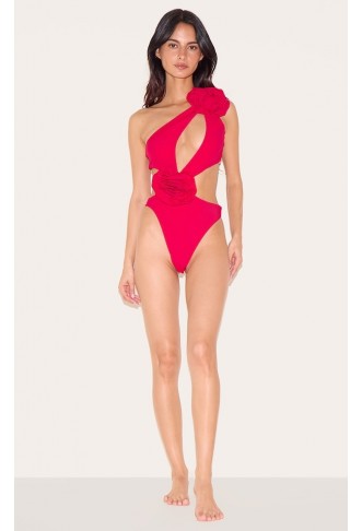 Red Flower Detail Cut Out Asymmetric Swimsuit