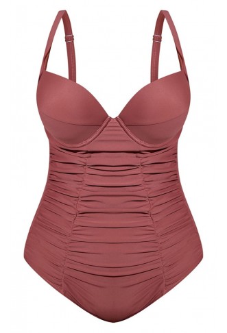 Plus Brown Ruched Cupped Swimsuit