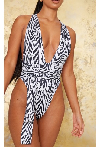 Monochrome Zebra Print Multiway Wrap Waist Plunge Swimsuit