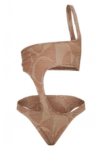 Cream Contrast Textured Rib Asymmetric Cut Out Swimsuit