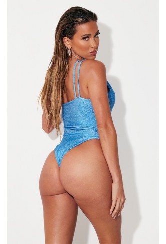 Blue Denim Print One Shoulder Cut Out Swimsuit
