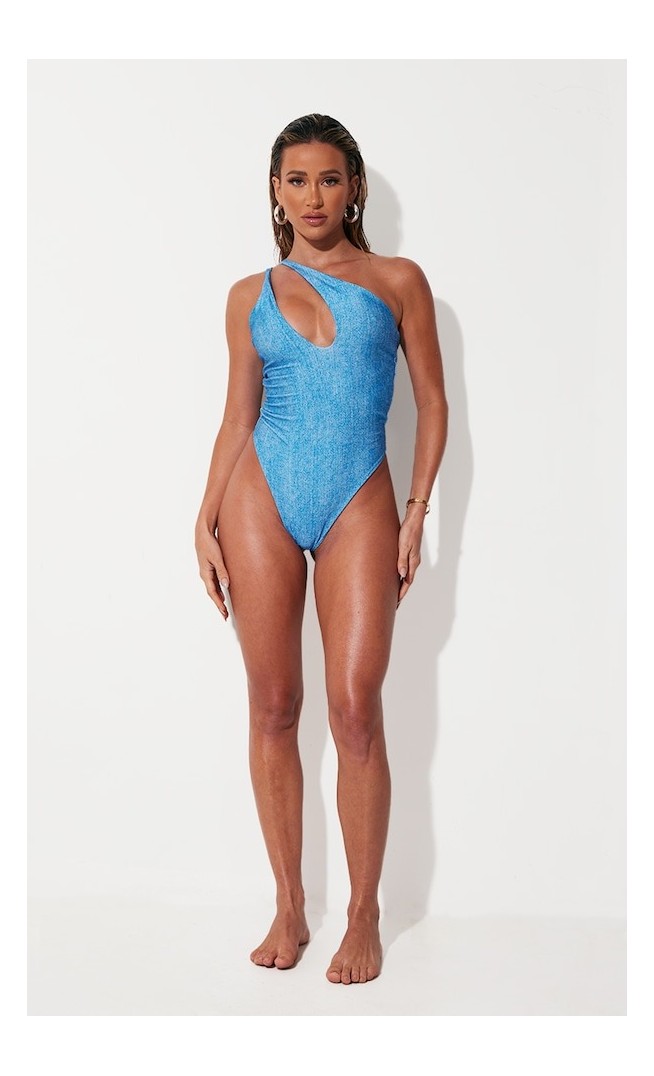 Blue Denim Print One Shoulder Cut Out Swimsuit