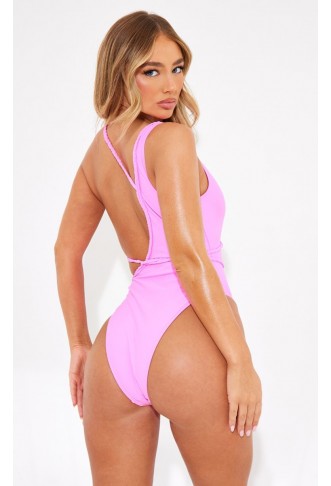 Candy Pink Plait Detail Asymmetric Swimsuit