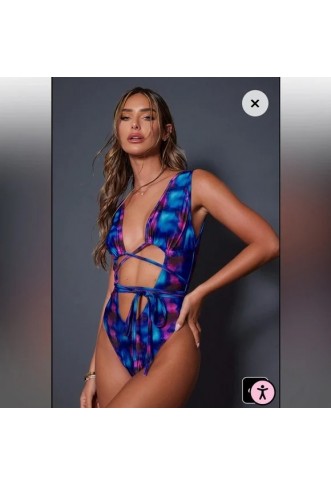 Tie Dye Print Cut Out Multiway Wrap Waist Plunge Swimsuit