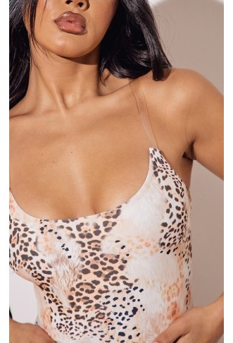 Cream abstract leopard print swimsuit with round neck and sheer straps