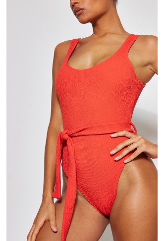 Red Tie Waist Crinkle Swimsuit