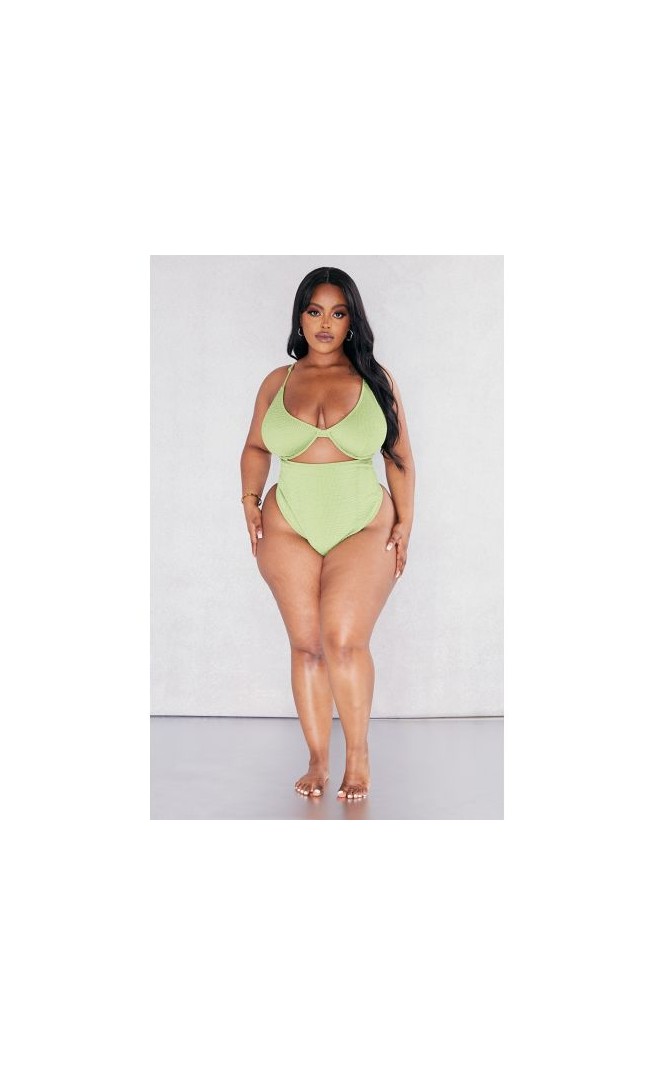 Plus Olive Textured Cut Out Underwired Swimsuit