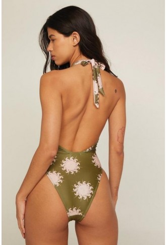 Sun Two Tone Halter Wrap Cut Out Swimsuit