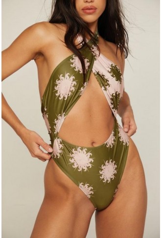 Sun Two Tone Halter Wrap Cut Out Swimsuit