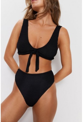 Crinkle Tie Front High Waisted Bikini Set