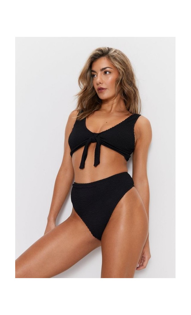 Crinkle Tie Front High Waisted Bikini Set