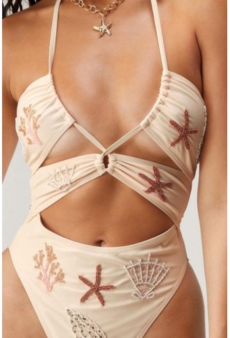 Premium Hand Embellished Sea Shell Cut Out Ruched Swimsuit