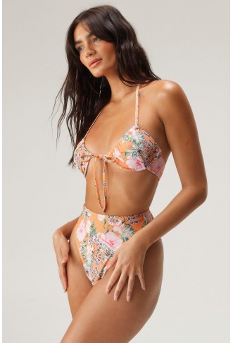 Floral Halter Neck Tie Front High Waisted Bikini Set