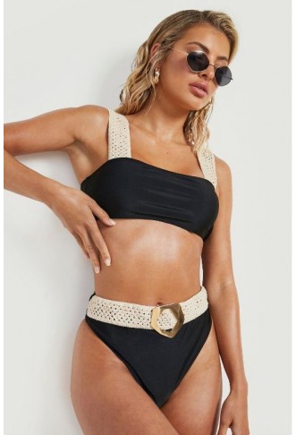 Raffia Crochet Buckle High Waist Bikini Brief