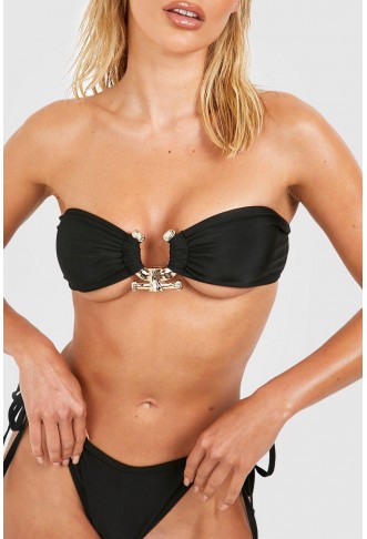 Gold Trim Bandeau Tie Side Bikini Set