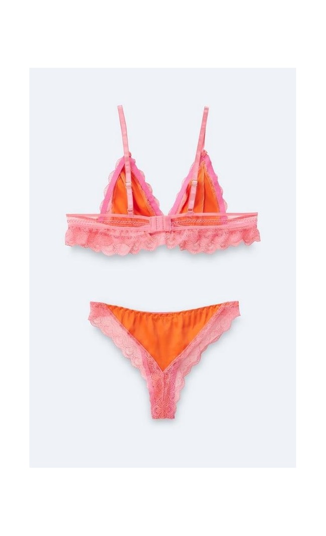 Satin Contrast Lace Scallop Triangle Lingerie Set