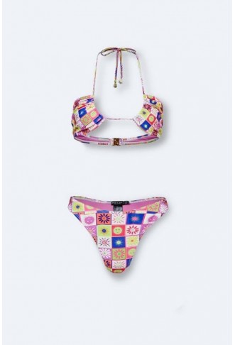 Checkerboard Sun Trim Ruched Bikini And Sarong 3pc Set