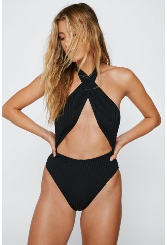 Ribbed Cut Out Halter Neck...