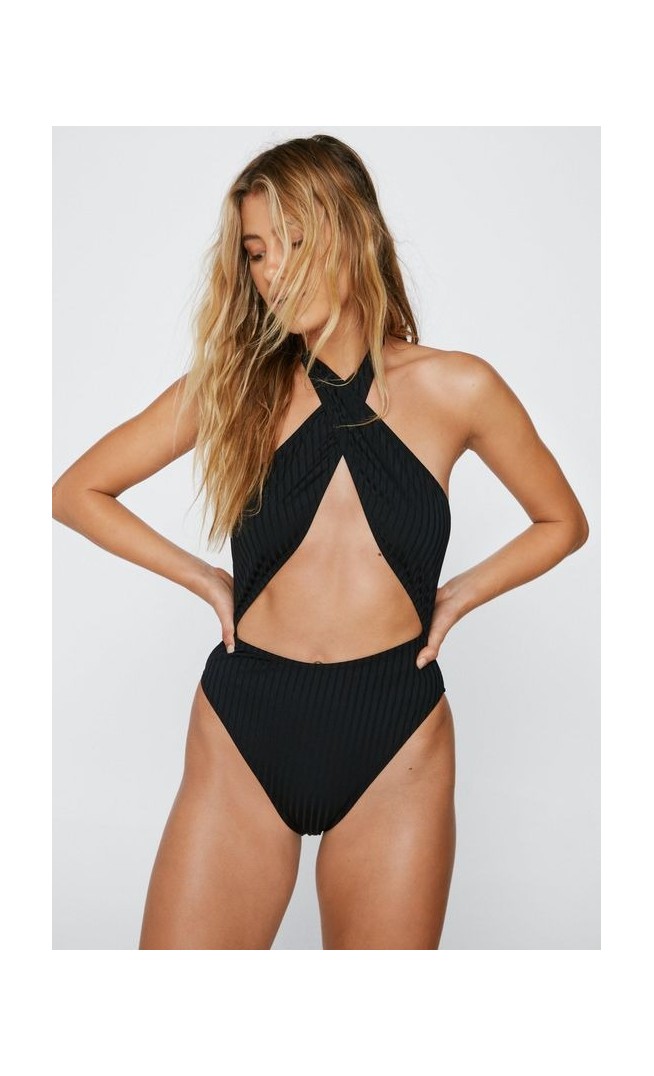 Ribbed Cut Out Halter Neck Swimsuit