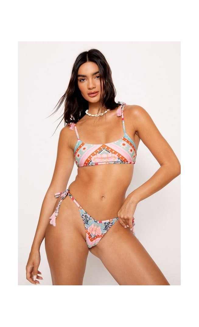 Floral Border Print Tassel Tie Shoulder Crop Bikini Set