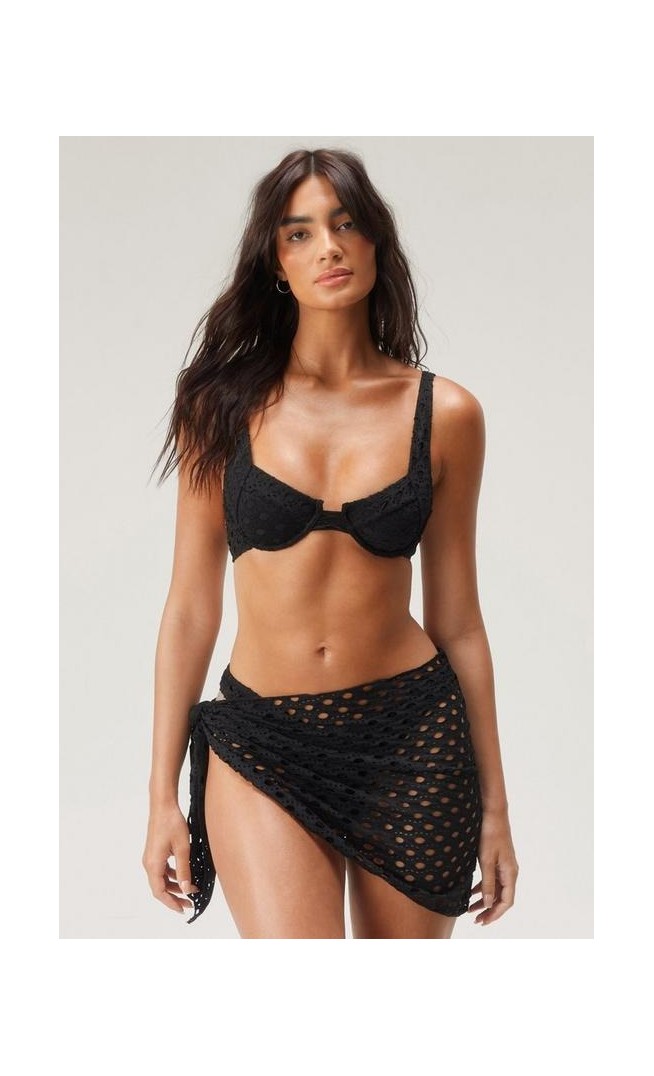 Eyelet Textured Underwire Sarong 3pc Bikini Set
