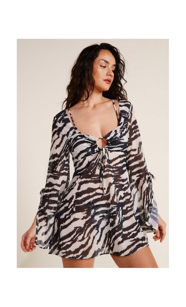 Zebra Triangle Bikini And Chiffon Ruffle Tie Dress 3pc Set