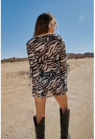 Zebra Triangle Bikini And Chiffon Ruffle Tie Dress 3pc Set